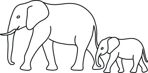 Simple outline drawing of an adult elephant and its calf © KarimaAkter