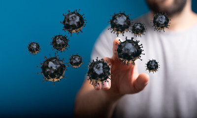 3D render of Coronavirus cells approaching hand, concept of pandemic, protection, prevention, vaccine, virus s