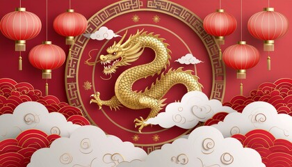 Vibrant Chinese dragon dance performance with red lanterns and clouds