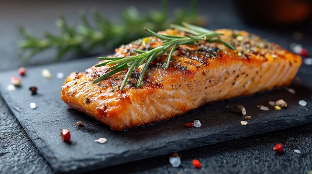 Grilled Salmon Fillet with Rosemary and Spices on Slate Board