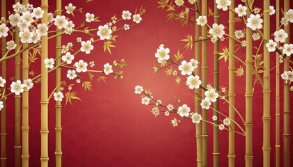 Vibrant cherry blossoms and bamboo on red background for festive designs