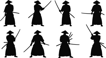 Obraz premium Samurai, warriors, silhouettes, katana, sword, martial, arts, feudal, Japan, battle, poses, ancient, fighter, black, white, vector, illustration, warrior, set, concept