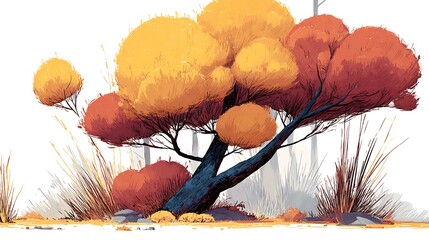 Stylized Tree with Yellow and Orange Autumn Foliage on Photo White fall season