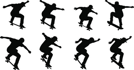Skateboarder silhouette trick collection, urban street skating action poses, extreme sports movement, professional skater jumps, black vector illustration set © MstAfzalun