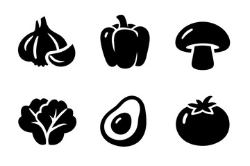Vegetables food icon collection in black. Set of garlic, bell pepper, mushroom, leafy greens, avocado, tomato
