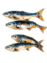 Watercolor painting of four small, silvery fish with blue and orange hues on a black background