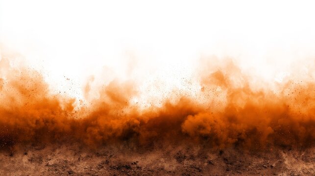 Brown dust and smoke rising on white background with glowing texture for visual effects. Abstract orange powder explosion illustrating fire energy motion and vapor forms