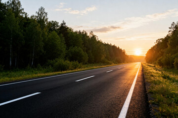 Sunset Highway Through Forested Landscape