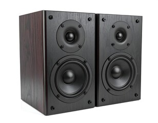 Fototapeta premium Pair of dark wooden speaker boxes with front-facing drivers and tweeters