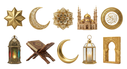 Islamic Symbols Ramadan Kareem Gold Icons: Moon, Mosque, Quran, Lanterns