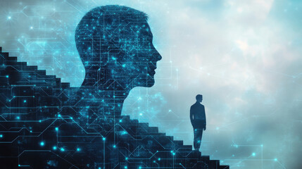 Man Walking Up Steps with Digital Mind Concept Emerging from Silhouette