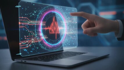 Cyber security warfare alert protection hologram interface laptop computer screen with hand touch futuristic design pulse waveform digital data - Powered by Adobe
