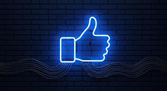 Illuminating Approval: A luminous neon sign of a thumbs-up against a dark, textured wall, representing digital endorsement, support, and the positive energy. 