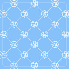 Seamless pattern on a blue background with global network icons. Line design for posters, social media, and banner templates.