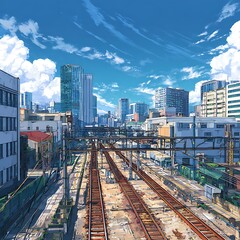 Train Tracks Leading Towards a City Skyline Under a Blue Sky with Clouds railway Photo