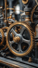 Close-Up of Industrial Metal Gears and Cogs Mechanism in Machinery, Engineering and Mechanical Technology Concept