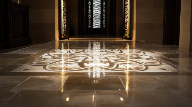 Luxurious marble foyer with intricate inlay design.