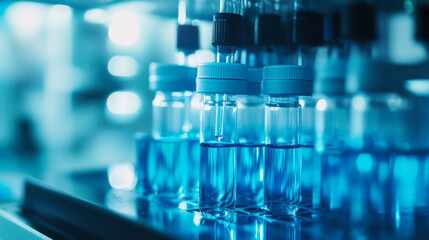 Laboratory equipment dispensing blue liquid into test tubes during a scientific experiment in a research facility