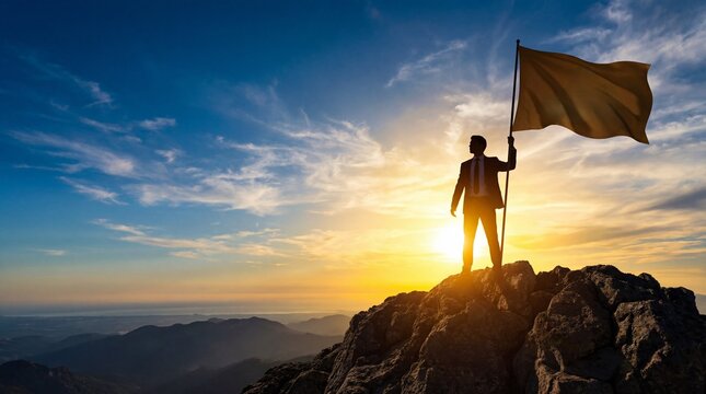 Silhouette of businessman holding flag on the top of mountain with over blue sky and sunlight leadership successful achievement with goal and objective target.
