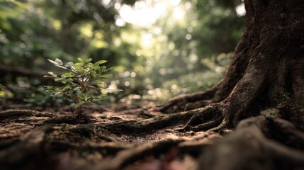 Fototapeta premium Resilient sapling thrives amidst the roots of an ancient tree in forest