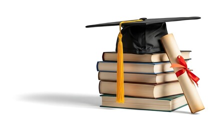 Graduation cap with gold tassel placed on a stack of academic books alongside a rolled diploma tied with a red ribbon, isolated on white, symbolizing education and success