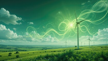 The development of green energy is the way of the future. Green energy is produced by a windmill and an illustration of air currents.