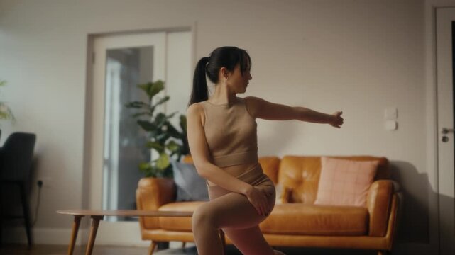 woman practising yoga in a cosy living room setting. She is in a lunging pose on a yoga mat, with a tablet in front of her displaying a workout or meditation session. 