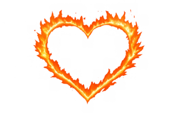 Fiery incandescent heart shape illustrating burning passion, love, heat, and romantic energy on transparent background