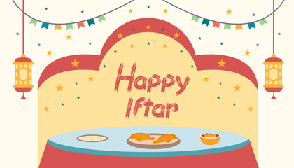 Ramadan kareem happy iftar minimalist vector banner with decorative typography and islamic background