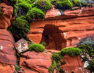 A small cave within an eroding red sandstone cliff covered with lush green moss and sparse vegetation