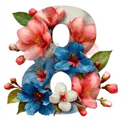 The number 8 consists flowers in watercolor style with space for text on white background	

