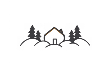 Cabin icon in a winter forest setting with minimalist pine trees on snowy hills, rustic outdoor symbol