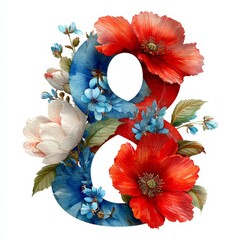 The number 8 consists flowers in watercolor style with space for text on white background	
