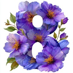 The number 8 consists flowers in watercolor style with space for text on white background	
