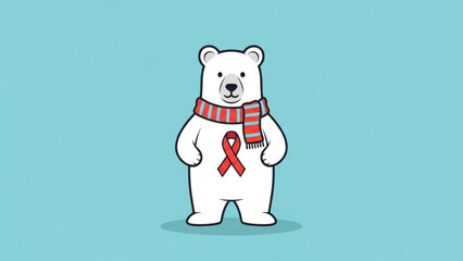 Fototapeta premium A cartoon polar bear wearing a red and blue striped scarf and a red awareness ribbon on a light blue background