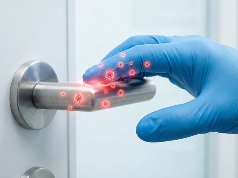 Macro photograph showing virus transmission from a contaminated surface to a gloved hand.