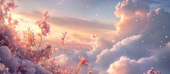 Naklejka premium Magical winter wonderland with blooming flowers and fluffy clouds.