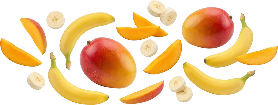 Fresh mango and banana slices arranged in a vibrant composition represent tropical fruit, healthy food, organic nutrition, natural sweetness, summer freshness, ripe produce, and wholesome eating