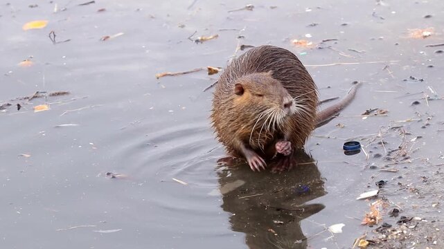 Nutria swimming in dirty river water in winter.Impact of human activities on the environment.