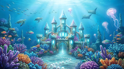 Magical Underwater Castle with Vibrant Coral Reef, Sea Turtles, and Glowing Pearls in a Sunlit Fantasy Ocean Kingdom