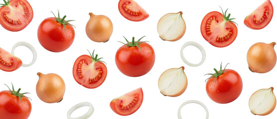 Whole ripe red tomatoes sliced tomatoes whole yellow onions and sliced yellow onions all arranged as fresh food ingredients vegetable cooking healthy natural organic harvest transparent background