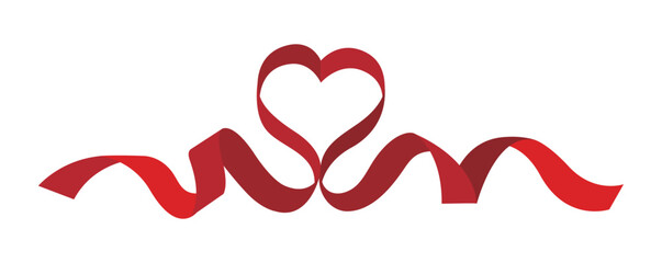 Elegant red ribbon shaped into a heart with flowing silk curves. Minimalist vector illustration perfect for Valentine's Day, wedding invitations, romantic greeting cards, and gift wrapping.