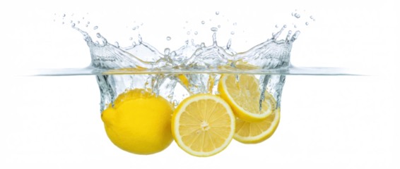 Bright yellow lemons whole and sliced splash into clear water creating dynamic ripples and refreshing droplets fruit citrus liquid healthy drink juice vibrant wet clean organic transparent background