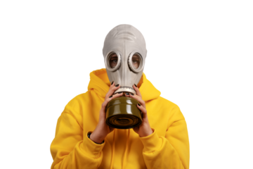 Individual wearing a gas mask and bright yellow hoodie, isolated on transparent background, concept of safety, protection, and health awareness.