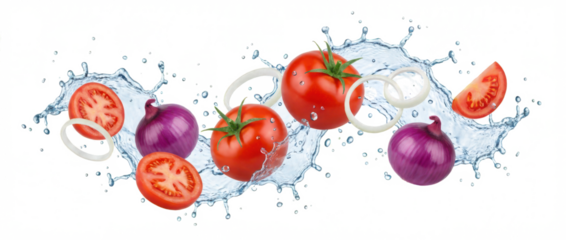 Fresh red tomatoes and vibrant purple onions splashing in clear water with sliced rings and wedges creating a dynamic culinary composition slicing healthy food cooking ingredients