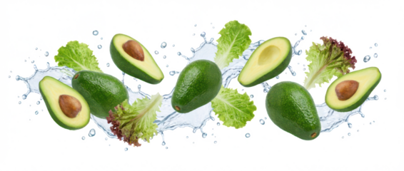 Ripe green avocados and fresh lettuce leaves are captured mid splash of clear water creating a vibrant dynamic composition halved avocado avocado slices fruit food healthy transparent background