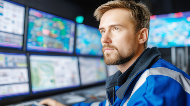 Engineer monitoring multiple screens in a control room, analyzing data and system status, concept of industrial automation, operations management, cybersecurity and smart technology. - Powered by Adobe