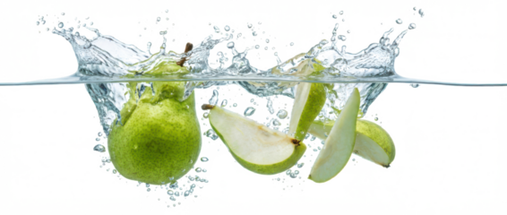 Ripe green pear and several slices splashing into clear water creating dynamic water splashes and bubbles fruit food healthy fresh juice drink beverage summer refreshment transparent background