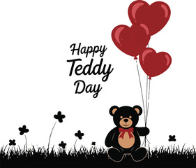 Naklejka premium Happy Teddy Day Greeting with Cute Black Bear Holding Red Heart Balloons in Grass Field