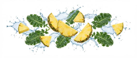 Slices of ripe yellow pineapple and green kale leaves are suspended in dynamic water splashes creating a refreshing visual composition fruit vegetable healthy tropical food transparent background